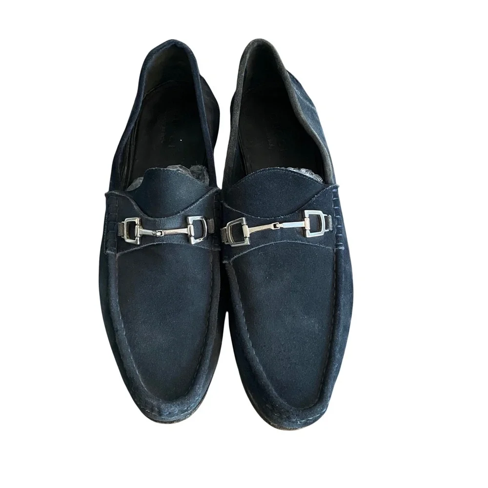 Gucci Mens Designer Navy Blue Suede Horsebit Loafers Size 11 Timeless Classic‎